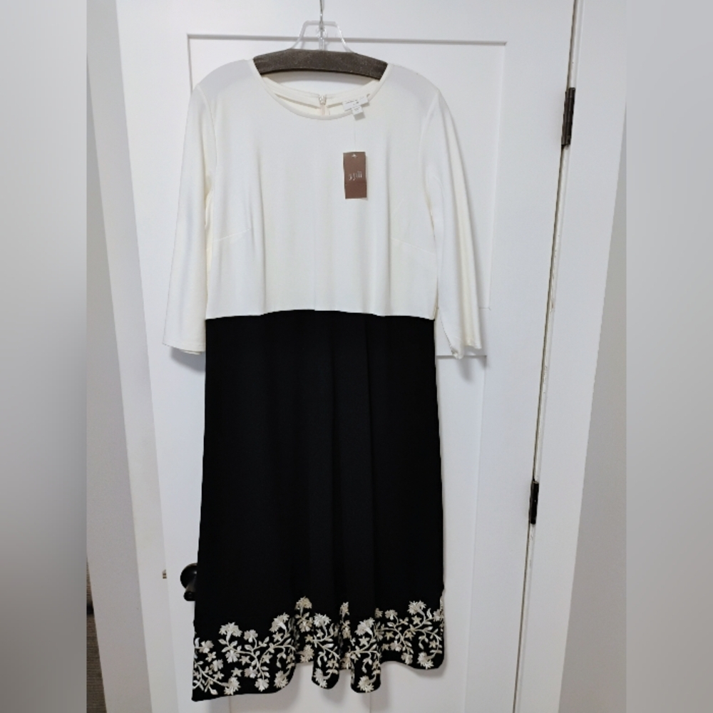 Christian Siriano for J. Jill Cream Black Embroidered Ponte Knit Dress